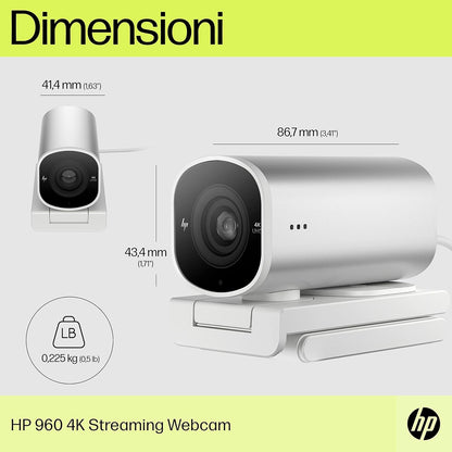 HP 960 HDR 4K Streaming Webcam - AI Enhanced, Automated Colour Correction and Focus, Dual Microphones, 360° Swivel, 90° Tilt, Magnetic Lens Privacy Cover, Flexible Mounting