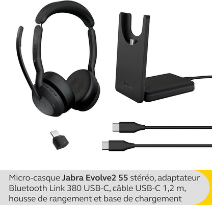 Jabra Evolve2 55 Stereo Wireless Headset with Charging Stand, Air Comfort Technology, Noise-cancelling Mics, Active Noise Cancellation - MS Teams Certified, Works with Other Platforms - Black