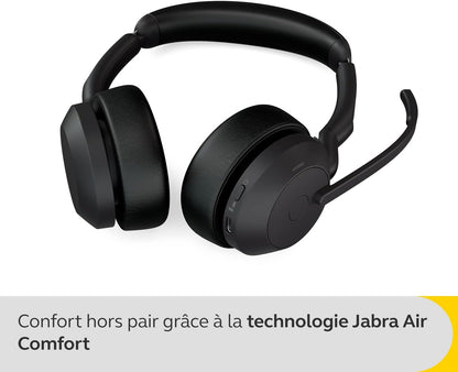 Jabra Evolve2 55 Stereo Wireless Headset with Charging Stand, Air Comfort Technology, Noise-cancelling Mics, Active Noise Cancellation - MS Teams Certified, Works with Other Platforms - Black