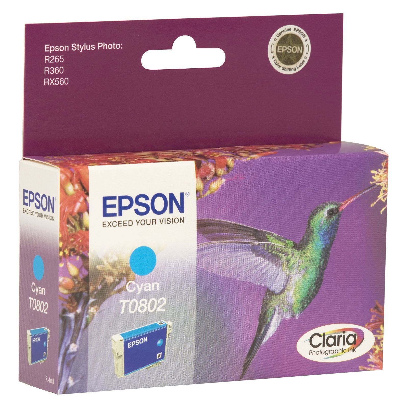 Epson Ink Cyan Hummingbird Singlepack Cyan, C13T08024021 T0802 (Hummingbird Singlepack Cyan T0802 Claria Photographic Ink, Original, Cyan, Stylus Photo