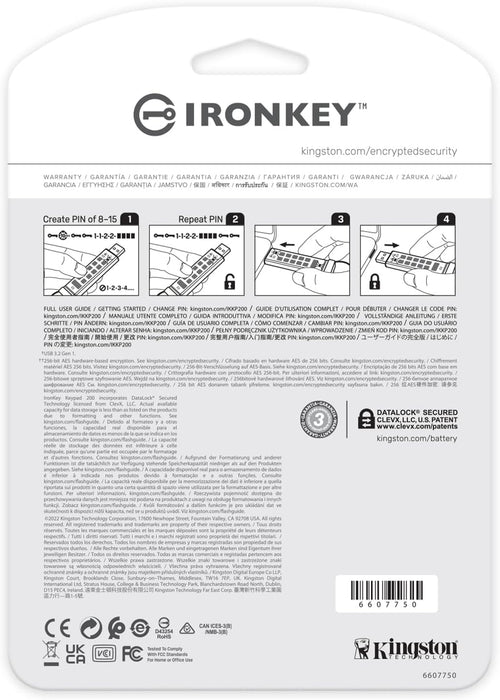 Kingston IronKey Keypad 200 Type -A hardware-encrypted USB Flash Drive FIPS 140-3 Level 3 (Pending) with XTS-AES 256-bit Hardware Encryption - IKKP200/