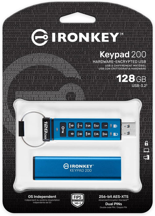 Kingston IronKey Keypad 200 Type -A hardware-encrypted USB Flash Drive FIPS 140-3 Level 3 (Pending) with XTS-AES 256-bit Hardware Encryption - IKKP200/
