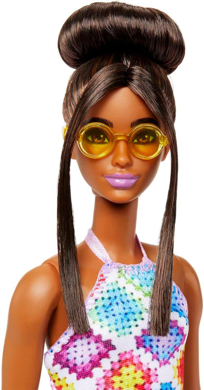 Barbie Fashionistas Doll #210 with Brown Hair in Bun, Wearing Colorful Crochet Halter Dress, Sunglasses and Sandals, HJT07 Small Crochet