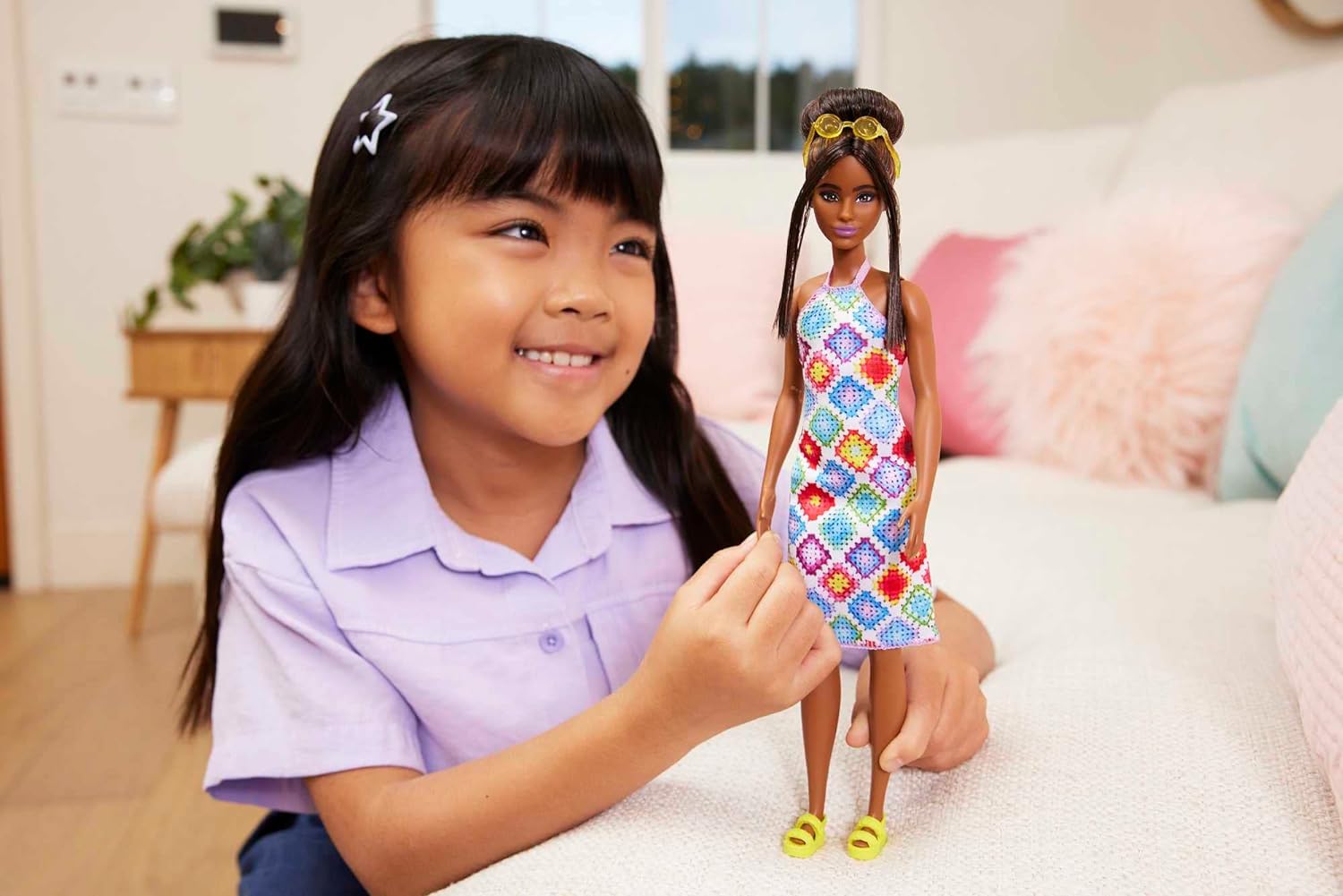 Barbie Fashionistas Doll #210 with Brown Hair in Bun, Wearing Colorful Crochet Halter Dress, Sunglasses and Sandals, HJT07 Small Crochet