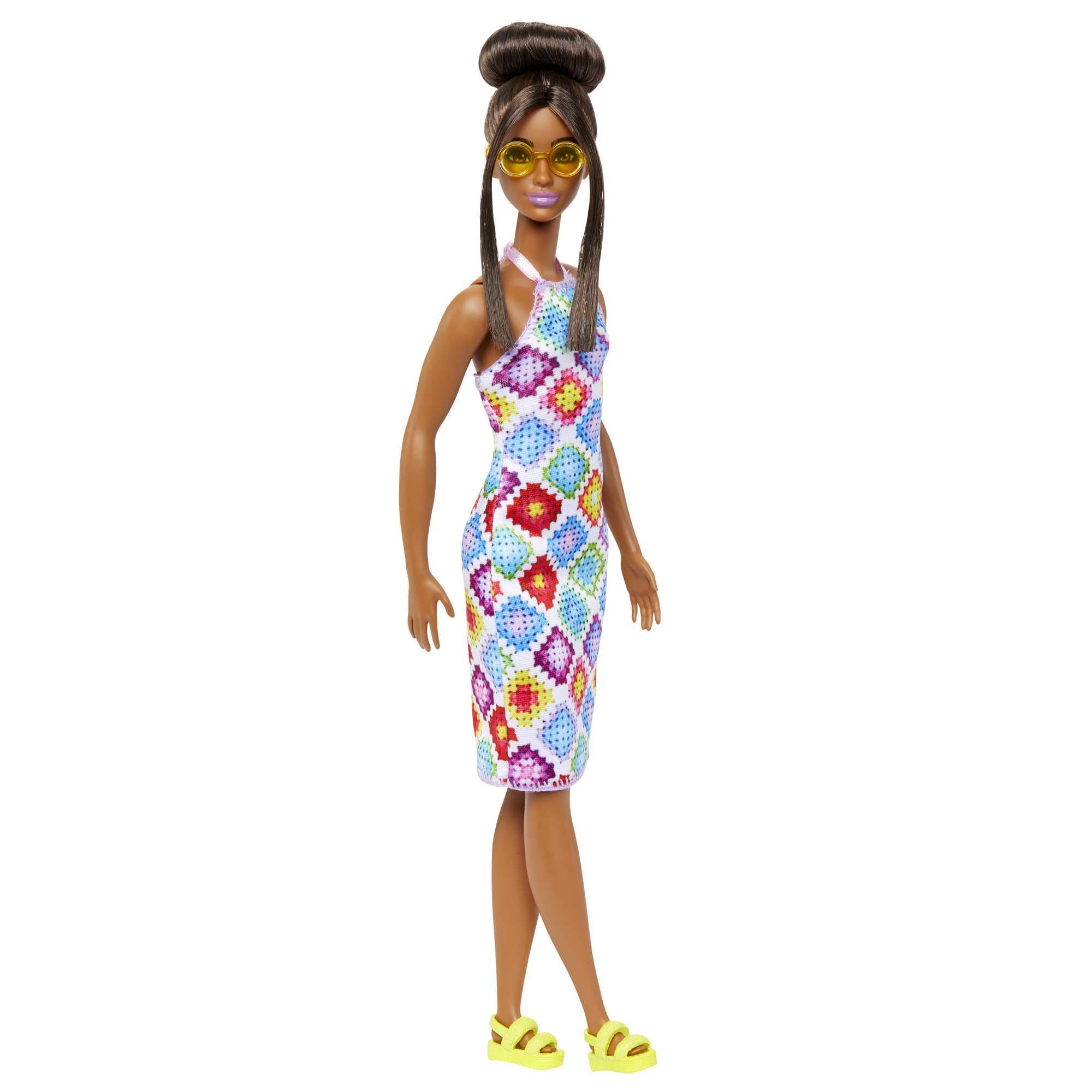 Barbie Fashionistas Doll #210 with Brown Hair in Bun, Wearing Colorful Crochet Halter Dress, Sunglasses and Sandals, HJT07 Small Crochet