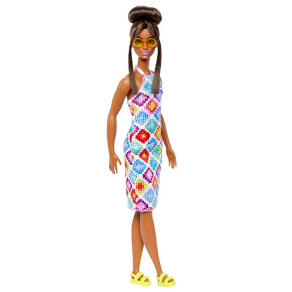 Barbie Fashionistas Doll #210 with Brown Hair in Bun, Wearing Colorful Crochet Halter Dress, Sunglasses and Sandals, HJT07 Small Crochet