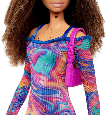 Barbie Fashionistas Doll #206 with Crimped Hair and Freckles, Wearing Rainbow Marble-Print Dress with Green Mules and Purse, HJT03