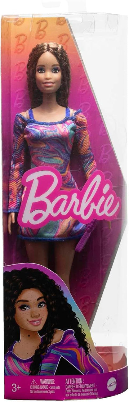 Barbie Fashionistas Doll #206 with Crimped Hair and Freckles, Wearing Rainbow Marble-Print Dress with Green Mules and Purse, HJT03