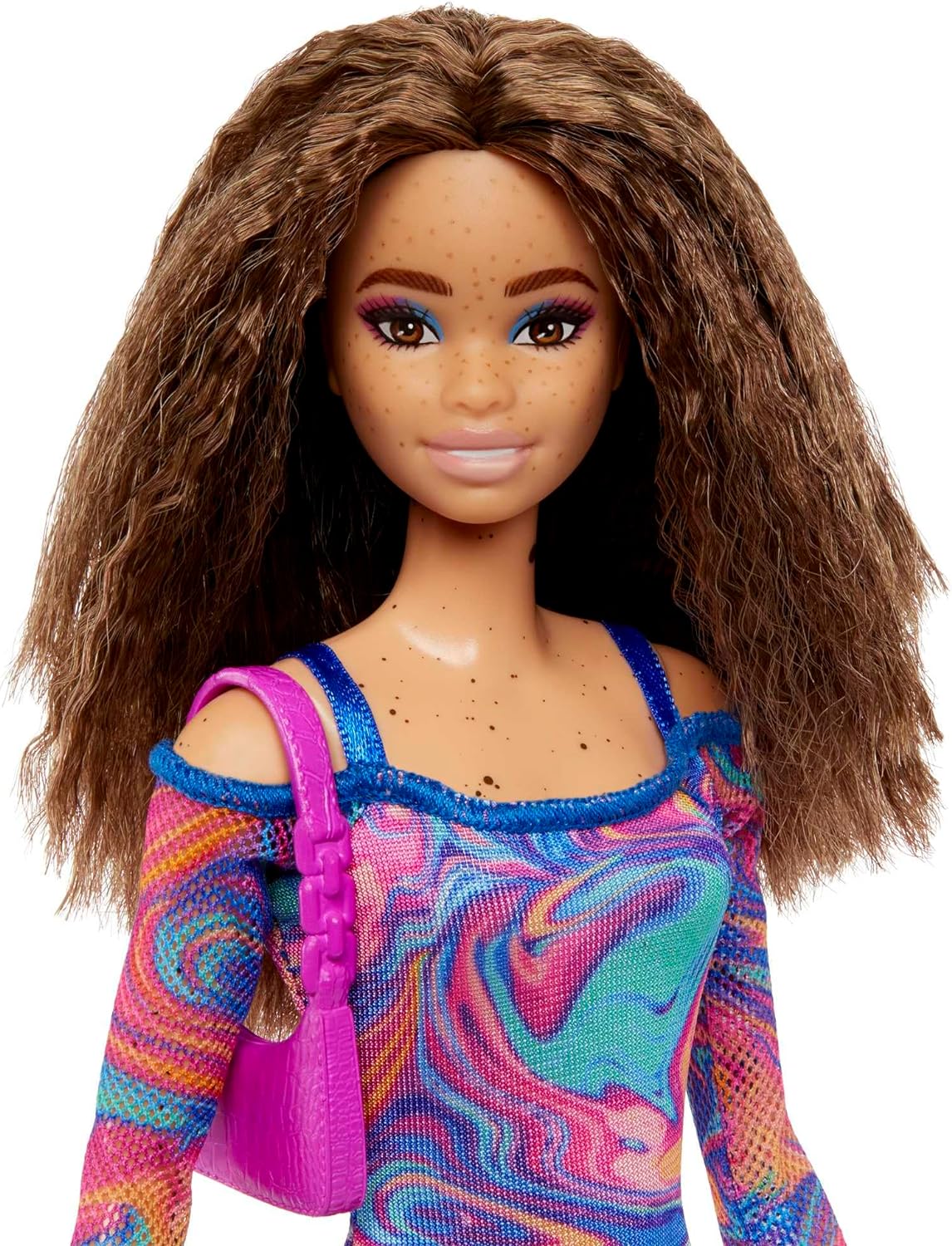 Barbie Fashionistas Doll #206 with Crimped Hair and Freckles, Wearing Rainbow Marble-Print Dress with Green Mules and Purse, HJT03