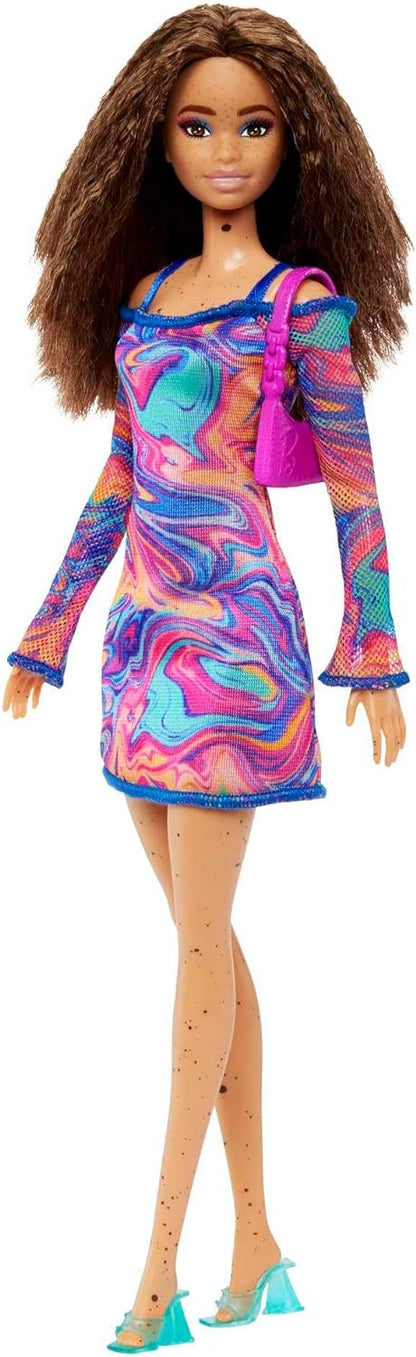 Barbie Fashionistas Doll #206 with Crimped Hair and Freckles, Wearing Rainbow Marble-Print Dress with Green Mules and Purse, HJT03