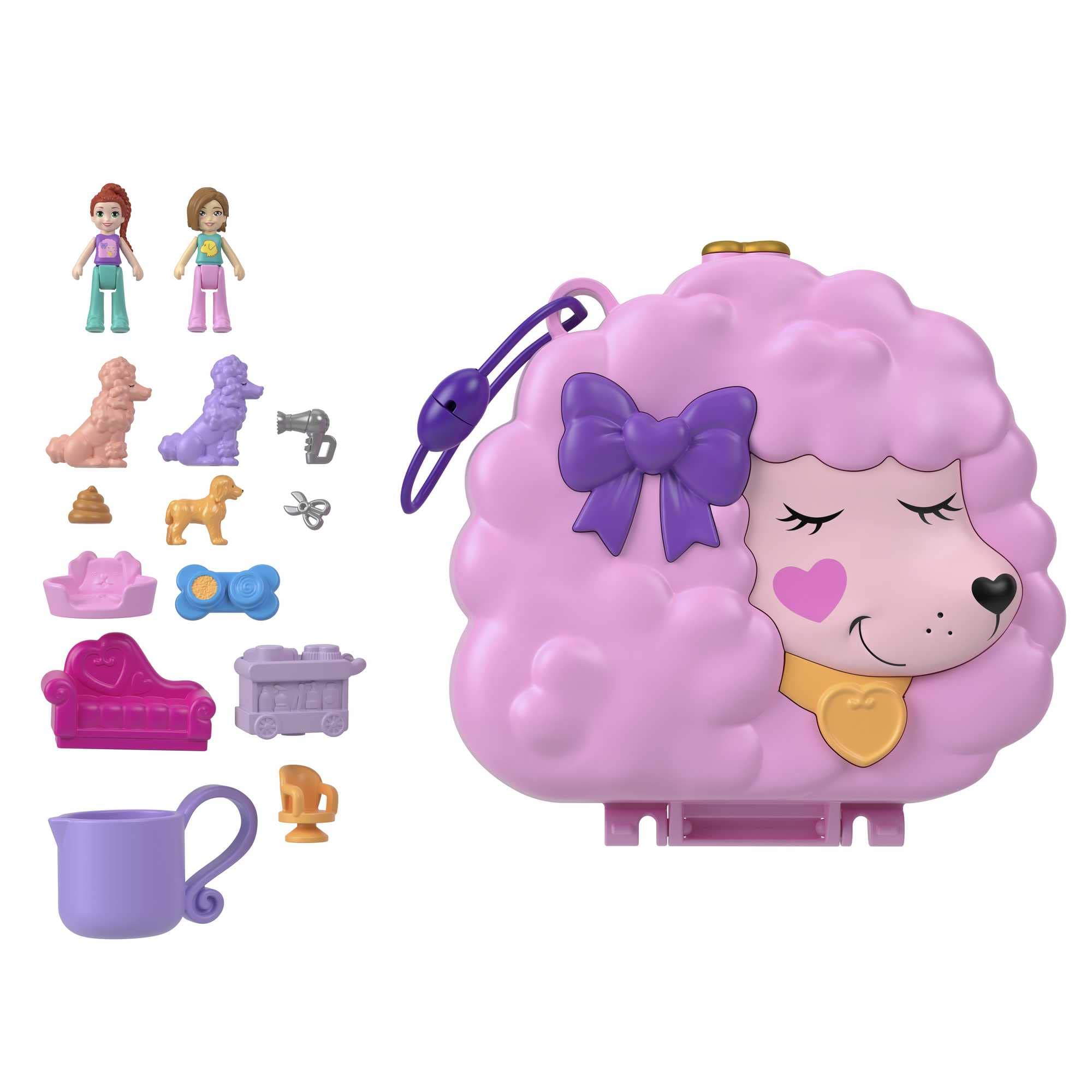Polly Pocket Dolls and Playset, Animal Toys, Groom & Glam Poodle Compact Playset with Water Play and 2 Color-Change Pieces, HKV35 Spa Poodle