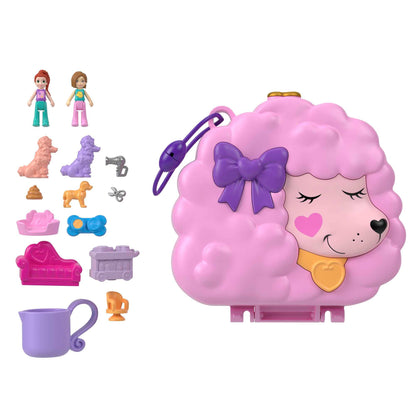Polly Pocket Dolls and Playset, Animal Toys, Groom & Glam Poodle Compact Playset with Water Play and 2 Color-Change Pieces, HKV35 Spa Poodle
