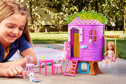 Chelsea Barbie Doll and Treehouse Playset with Pet Puppy, Dollhouse Includes Furniture and Slide, 10+ Accessories, HPL70