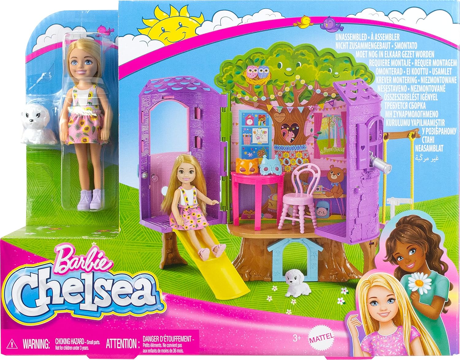 Chelsea Barbie Doll and Treehouse Playset with Pet Puppy, Dollhouse Includes Furniture and Slide, 10+ Accessories, HPL70