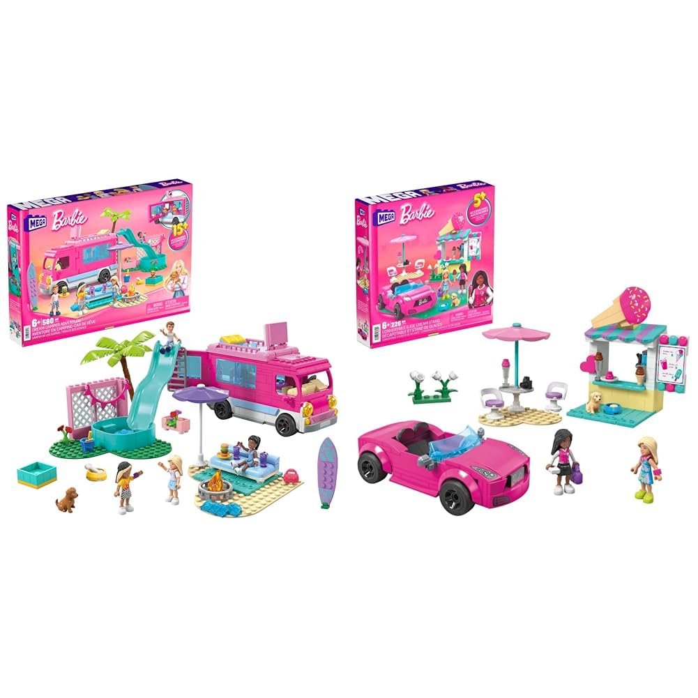 MEGA Barbie Car Building Toys Playset, Dream Camper Adventure with 580 pieces Barbie Car Building Toys Playset, Convertible and Ice Cream Stand with 225 Pieces, 2 Micro-Doll + TOY_FIGURE_PLAYSET,HPN78 Modern