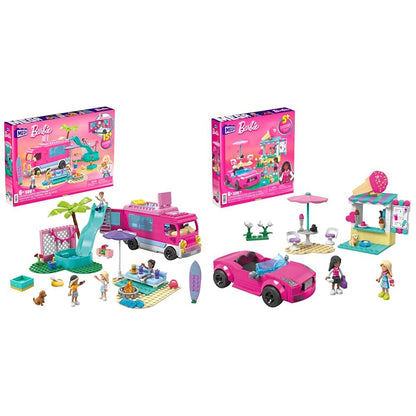 MEGA Barbie Car Building Toys Playset, Dream Camper Adventure with 580 pieces Barbie Car Building Toys Playset, Convertible and Ice Cream Stand with 225 Pieces, 2 Micro-Doll + TOY_FIGURE_PLAYSET,HPN78 Modern
