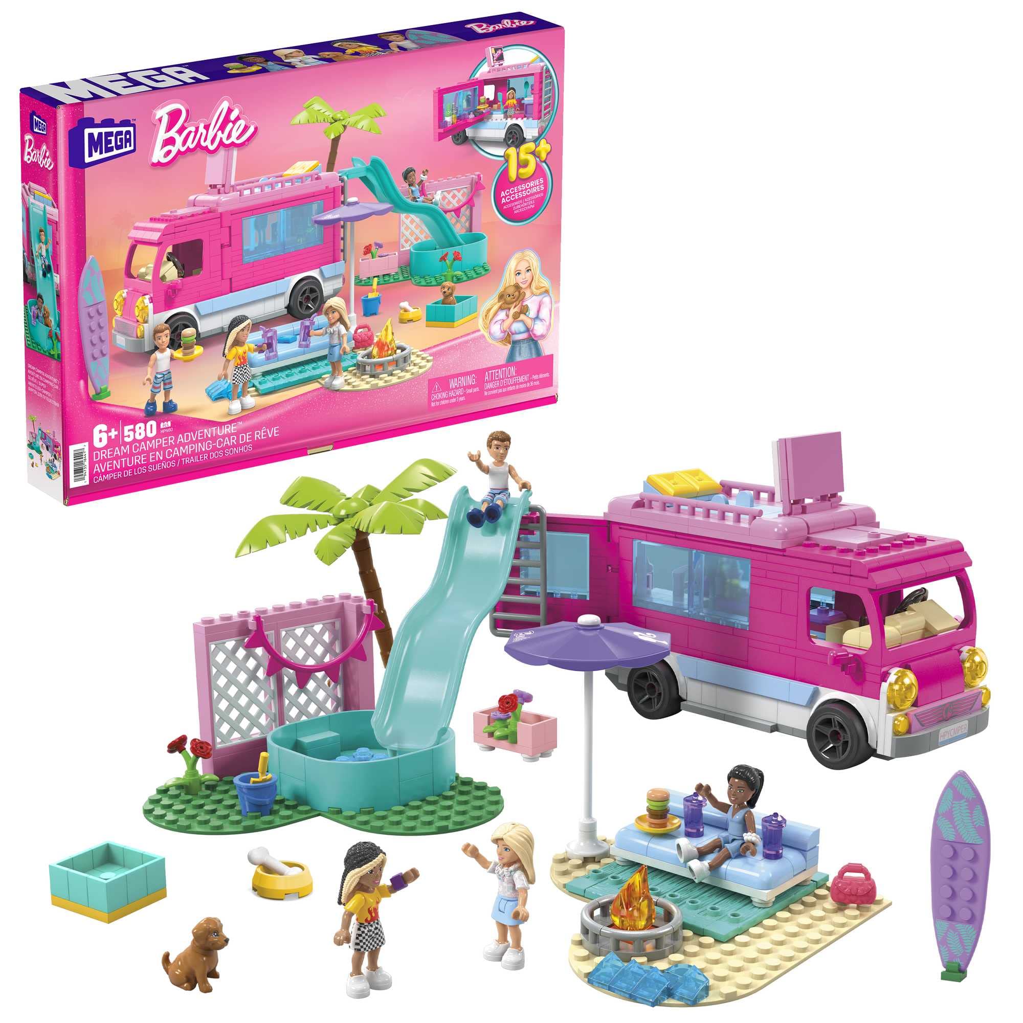 MEGA Barbie Car Building Toys Playset, Dream Camper Adventure with 580 pieces Barbie Car Building Toys Playset, Convertible and Ice Cream Stand with 225 Pieces, 2 Micro-Doll + TOY_FIGURE_PLAYSET,HPN78 Modern