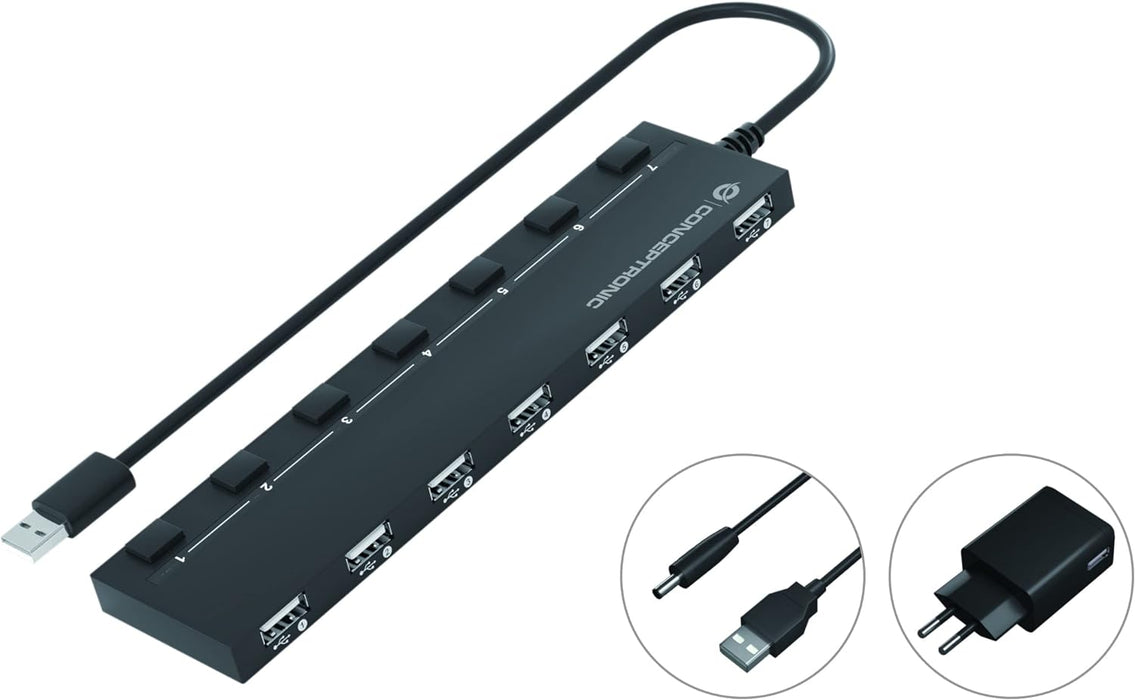 Conceptronic HUBBIES08BP USB Hub 7-Port 7 x USB 2.0 with Power Supply Black