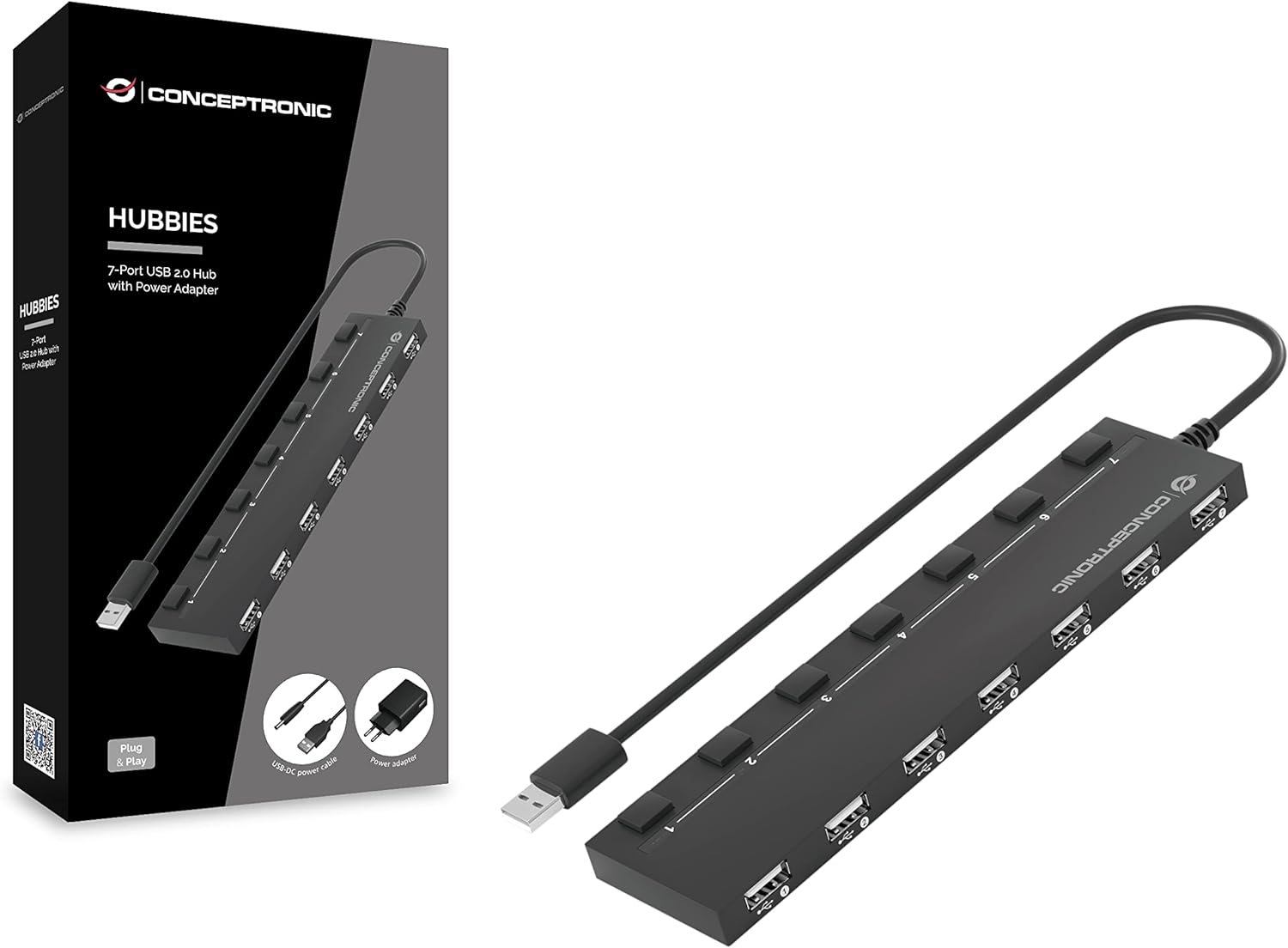 Conceptronic HUBBIES08BP USB Hub 7-Port 7 x USB 2.0 with Power Supply Black
