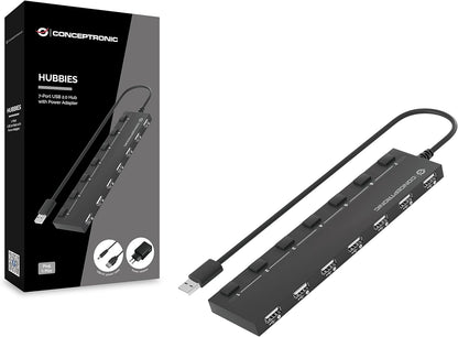 Conceptronic HUBBIES08BP USB Hub 7-Port 7 x USB 2.0 with Power Supply Black