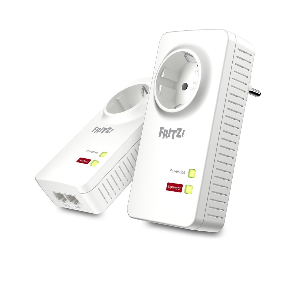 AVM FRITZ! 20002753 Powerline 1220E Set of 2 Adapters with Through Socket, Up to 1200 Mbps, 2 Gigabit LAN Ports, Plug and Play, Eco Mode, White/Red