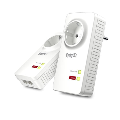 AVM FRITZ! 20002753 Powerline 1220E Set of 2 Adapters with Through Socket, Up to 1200 Mbps, 2 Gigabit LAN Ports, Plug and Play, Eco Mode, White/Red