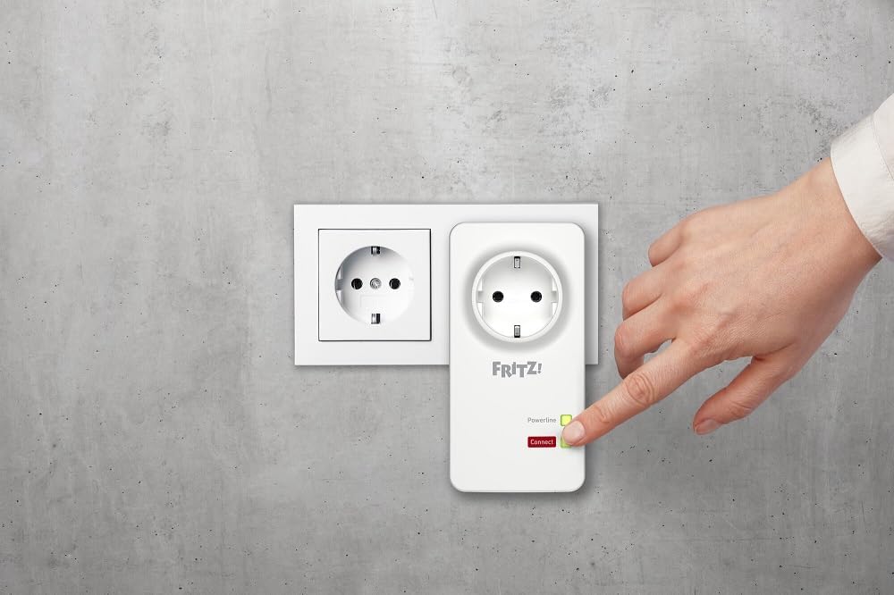 AVM FRITZ! 20002753 Powerline 1220E Set of 2 Adapters with Through Socket, Up to 1200 Mbps, 2 Gigabit LAN Ports, Plug and Play, Eco Mode, White/Red