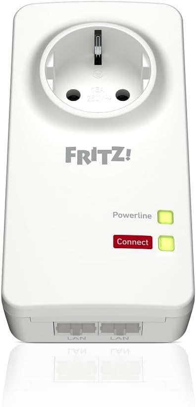 AVM FRITZ! 20002753 Powerline 1220E Set of 2 Adapters with Through Socket, Up to 1200 Mbps, 2 Gigabit LAN Ports, Plug and Play, Eco Mode, White/Red