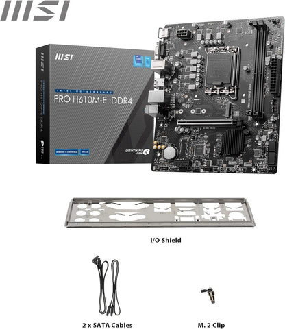 MSI PRO H610M-E DDR4 Motherboard, Micro-ATX - Supports Intel 12th Gen Core Processors, LGA 1700 - 2 x DIMMs (3200MHz), 1x PCIe 4.0 x16 slot, 1 x M.2 Gen3, USB 3.2 Gen1, 1G LAN, HDMI 1.4 & VGA