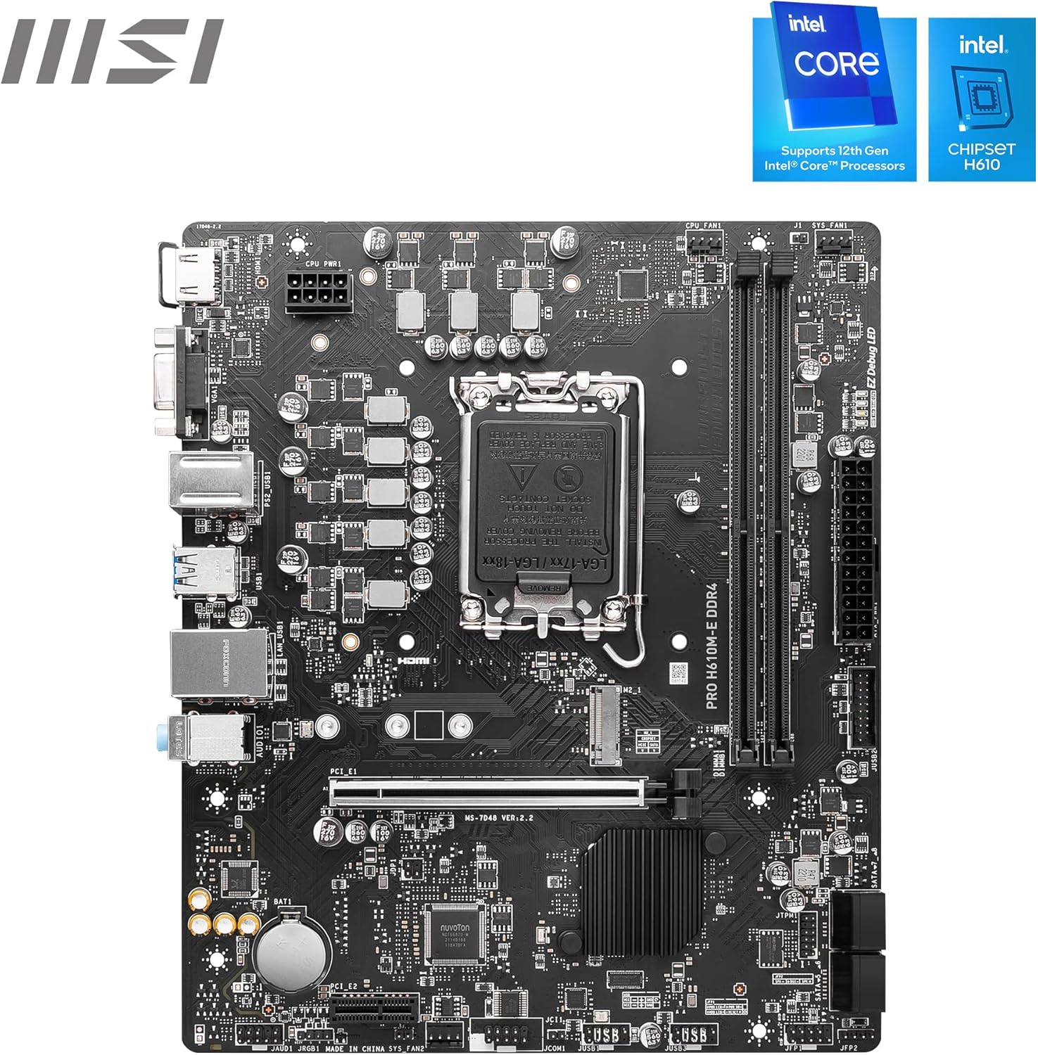 MSI PRO H610M-E DDR4 Motherboard, Micro-ATX - Supports Intel 12th Gen Core Processors, LGA 1700 - 2 x DIMMs (3200MHz), 1x PCIe 4.0 x16 slot, 1 x M.2 Gen3, USB 3.2 Gen1, 1G LAN, HDMI 1.4 & VGA