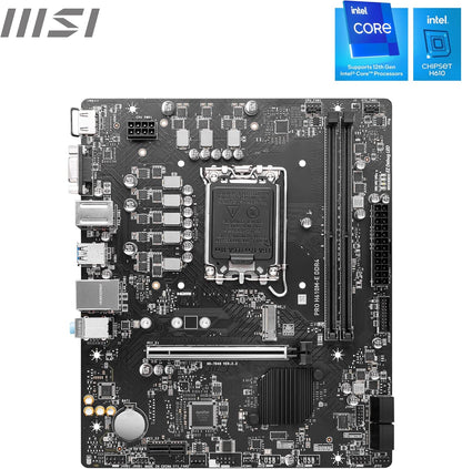 MSI PRO H610M-E DDR4 Motherboard, Micro-ATX - Supports Intel 12th Gen Core Processors, LGA 1700 - 2 x DIMMs (3200MHz), 1x PCIe 4.0 x16 slot, 1 x M.2 Gen3, USB 3.2 Gen1, 1G LAN, HDMI 1.4 & VGA