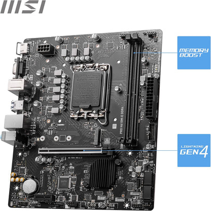 MSI PRO H610M-E DDR4 Motherboard, Micro-ATX - Supports Intel 12th Gen Core Processors, LGA 1700 - 2 x DIMMs (3200MHz), 1x PCIe 4.0 x16 slot, 1 x M.2 Gen3, USB 3.2 Gen1, 1G LAN, HDMI 1.4 & VGA
