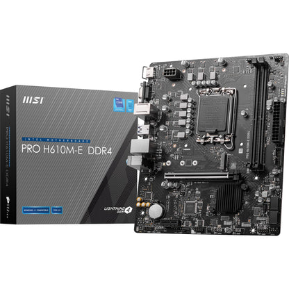 MSI PRO H610M-E DDR4 Motherboard, Micro-ATX - Supports Intel 12th Gen Core Processors, LGA 1700 - 2 x DIMMs (3200MHz), 1x PCIe 4.0 x16 slot, 1 x M.2 Gen3, USB 3.2 Gen1, 1G LAN, HDMI 1.4 & VGA