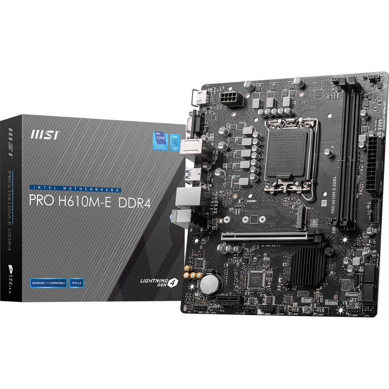 MSI PRO H610M-E DDR4 Motherboard, Micro-ATX - Supports Intel 12th Gen Core Processors, LGA 1700 - 2 x DIMMs (3200MHz), 1x PCIe 4.0 x16 slot, 1 x M.2 Gen3, USB 3.2 Gen1, 1G LAN, HDMI 1.4 & VGA