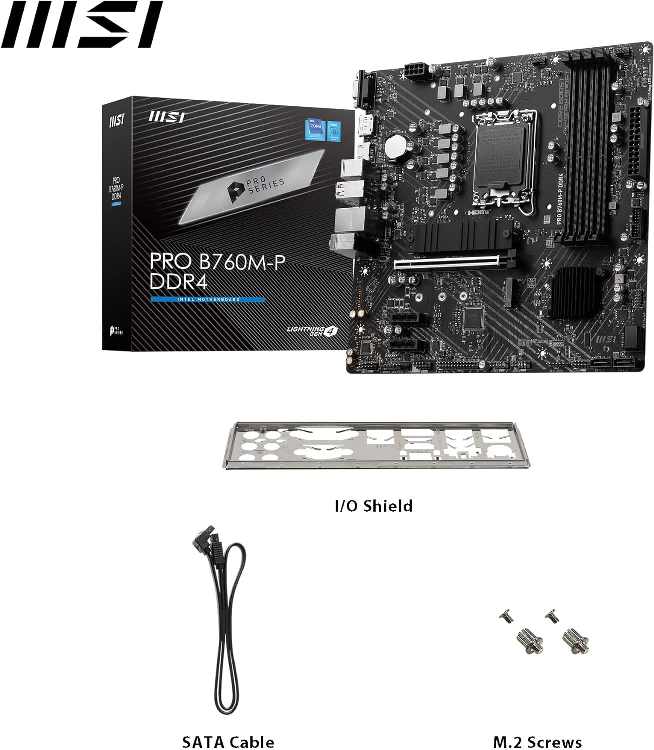 MSI PRO B760M-P DDR4 Motherboard, Micro-ATX - Supports Intel 12th & 13th Gen Core Processors, LGA 1700 - DDR4 Memory Boost 4800+MHz/OC, PCIe 4.0 x16 Slot, M.2 Gen4 Slots, various