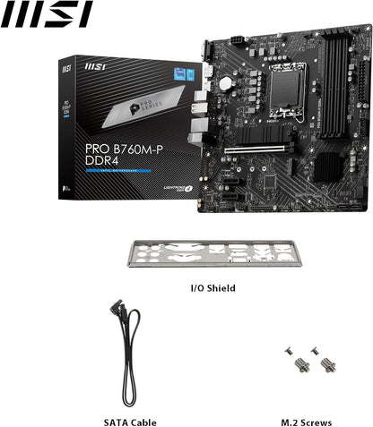 MSI PRO B760M-P DDR4 Motherboard, Micro-ATX - Supports Intel 12th & 13th Gen Core Processors, LGA 1700 - DDR4 Memory Boost 4800+MHz/OC, PCIe 4.0 x16 Slot, M.2 Gen4 Slots, various