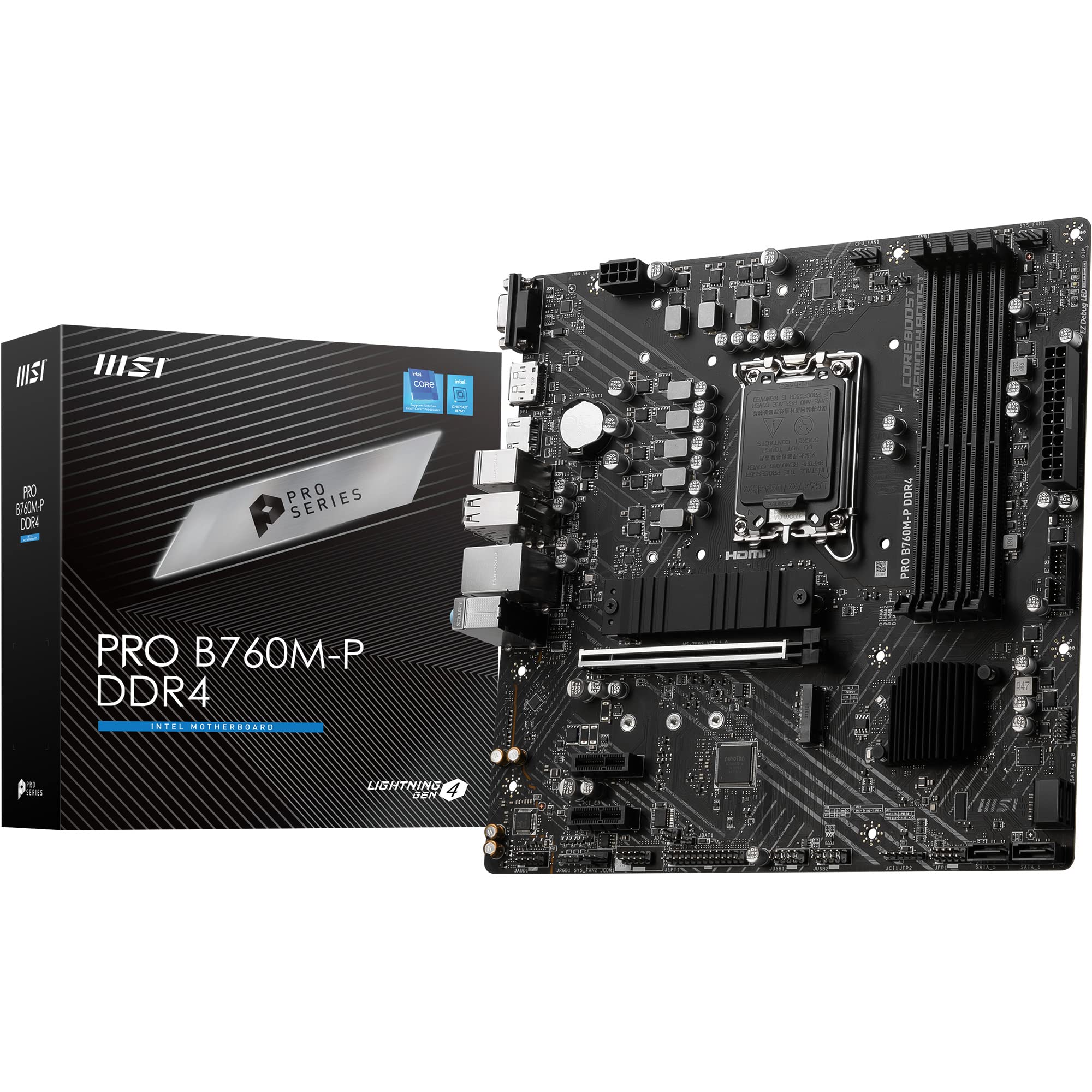MSI PRO B760M-P DDR4 Motherboard, Micro-ATX - Supports Intel 12th & 13th Gen Core Processors, LGA 1700 - DDR4 Memory Boost 4800+MHz/OC, PCIe 4.0 x16 Slot, M.2 Gen4 Slots, various