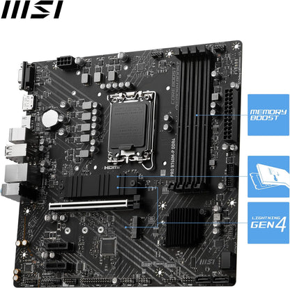 MSI PRO B760M-P DDR4 Motherboard, Micro-ATX - Supports Intel 12th & 13th Gen Core Processors, LGA 1700 - DDR4 Memory Boost 4800+MHz/OC, PCIe 4.0 x16 Slot, M.2 Gen4 Slots, various