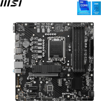 MSI PRO B760M-P DDR4 Motherboard, Micro-ATX - Supports Intel 12th & 13th Gen Core Processors, LGA 1700 - DDR4 Memory Boost 4800+MHz/OC, PCIe 4.0 x16 Slot, M.2 Gen4 Slots, various