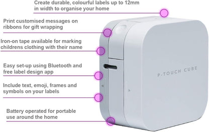 BROTHER PT-P300BT Label Maker, Bluetooth, P-Touch 'CUBE' Label Printer, Portable, Up to 12mm Labels, Includes 12mm Black on White Tape Cassette