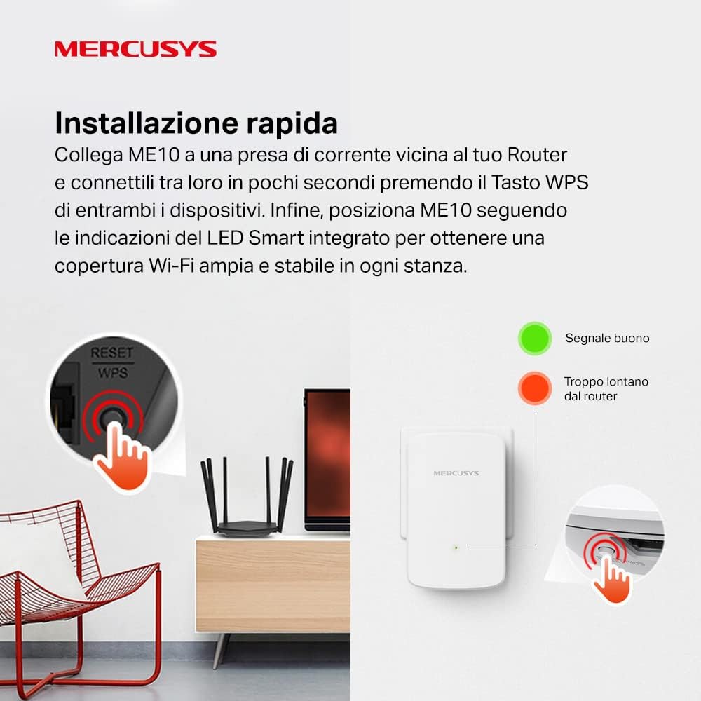 MERCUSYS TP-Link ME10 Ripetitore Wireless WiFi Extender e Access Point, Velocità Single Band 300Mbps, Porta LAN, Potenzia la tua Copertura Wi-Fi, Compatibile con Modem Router