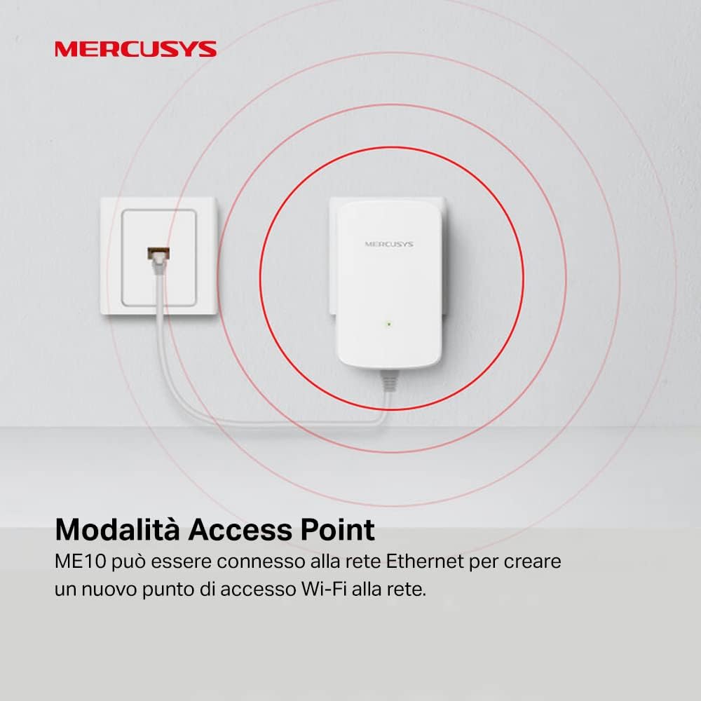 MERCUSYS TP-Link ME10 Ripetitore Wireless WiFi Extender e Access Point, Velocità Single Band 300Mbps, Porta LAN, Potenzia la tua Copertura Wi-Fi, Compatibile con Modem Router
