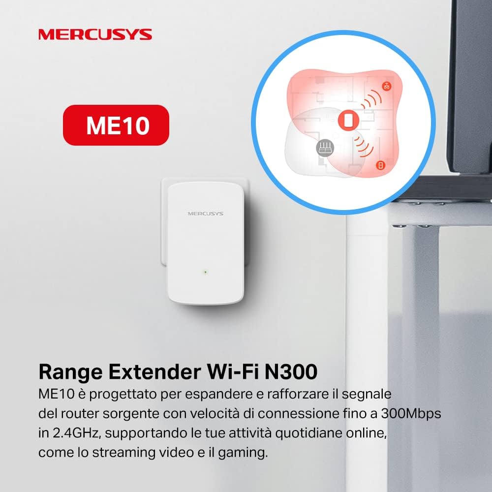 MERCUSYS TP-Link ME10 Ripetitore Wireless WiFi Extender e Access Point, Velocità Single Band 300Mbps, Porta LAN, Potenzia la tua Copertura Wi-Fi, Compatibile con Modem Router