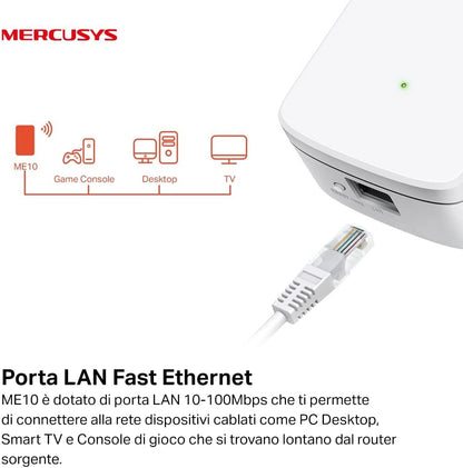 MERCUSYS TP-Link ME10 Ripetitore Wireless WiFi Extender e Access Point, Velocità Single Band 300Mbps, Porta LAN, Potenzia la tua Copertura Wi-Fi, Compatibile con Modem Router