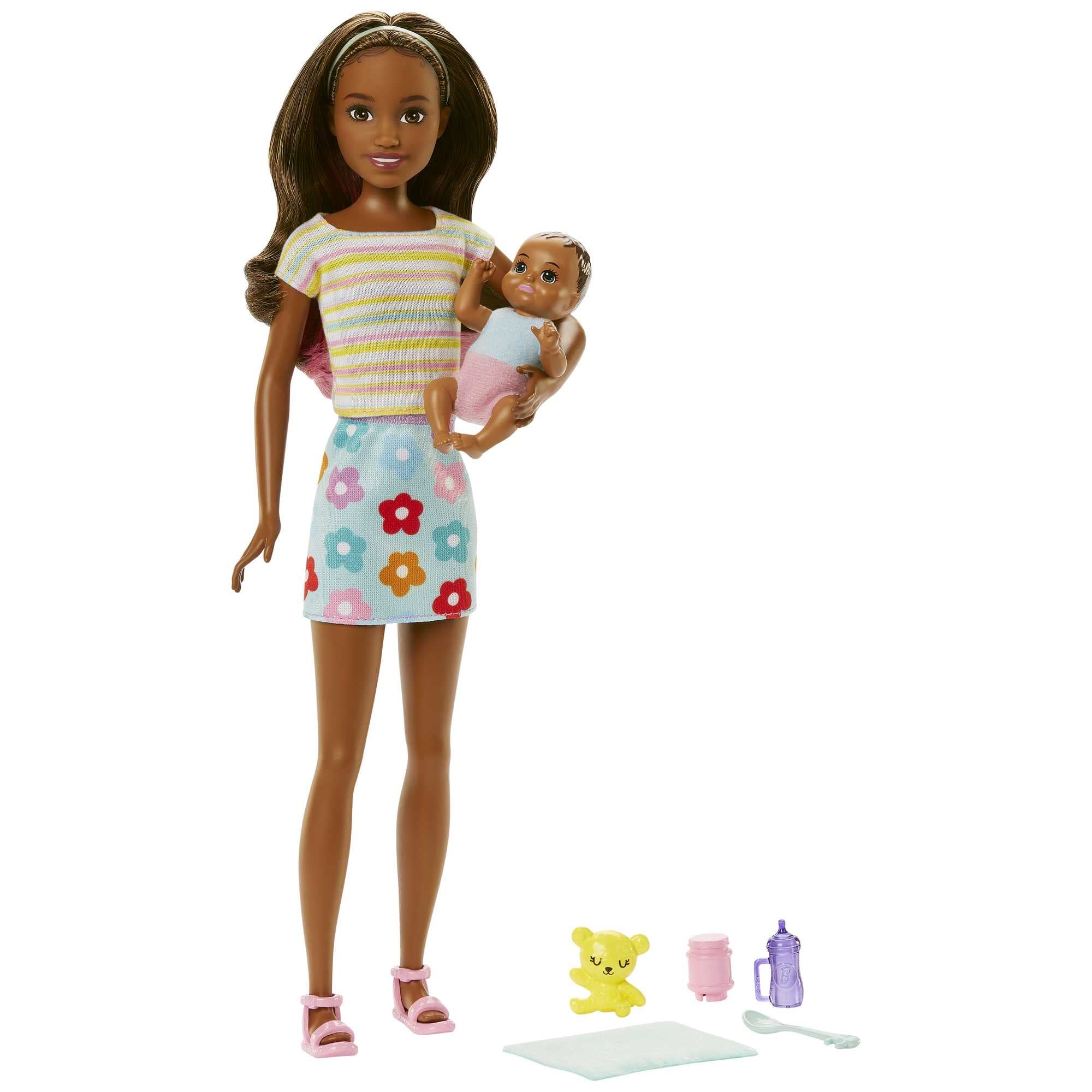 Barbie HJY31 - Puppen und Zubehör, brünette Skipper-Puppe mit Baby-Figur und 5 Zubehörteilen, Babysitters Inc. Spielset, Puppen Spielzeug ab 3 Jahren