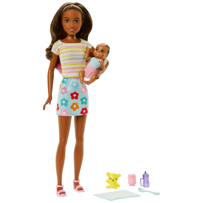 Barbie HJY31 - Puppen und Zubehör, brünette Skipper-Puppe mit Baby-Figur und 5 Zubehörteilen, Babysitters Inc. Spielset, Puppen Spielzeug ab 3 Jahren