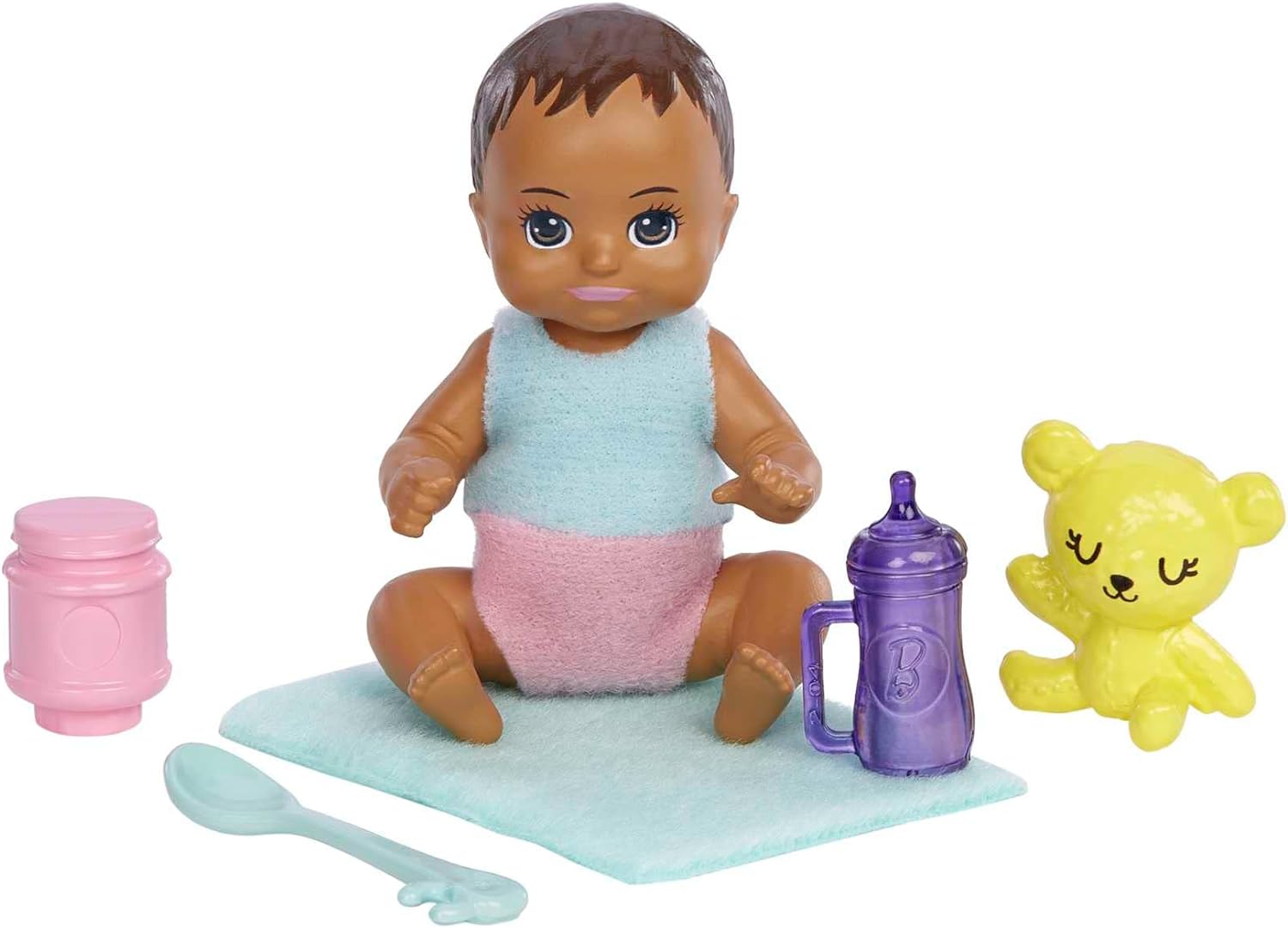 Barbie HJY31 - Puppen und Zubehör, brünette Skipper-Puppe mit Baby-Figur und 5 Zubehörteilen, Babysitters Inc. Spielset, Puppen Spielzeug ab 3 Jahren