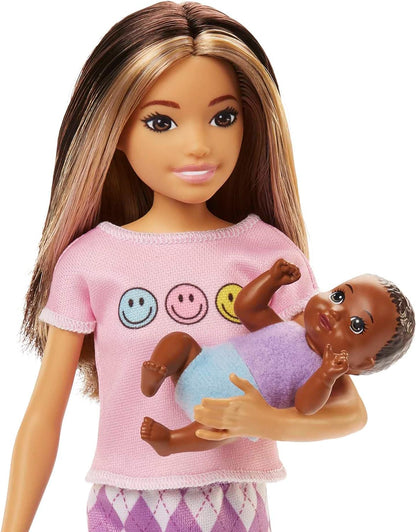 Barbie Dolls and Accessories, Skipper Doll (Two-Tone Hair) with Baby Figure and 5 Accessories, Babysitters Inc. Playset, HJY32