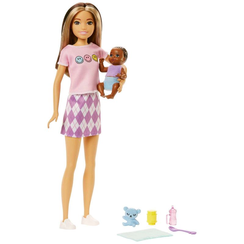 Barbie Dolls and Accessories, Skipper Doll (Two-Tone Hair) with Baby Figure and 5 Accessories, Babysitters Inc. Playset, HJY32