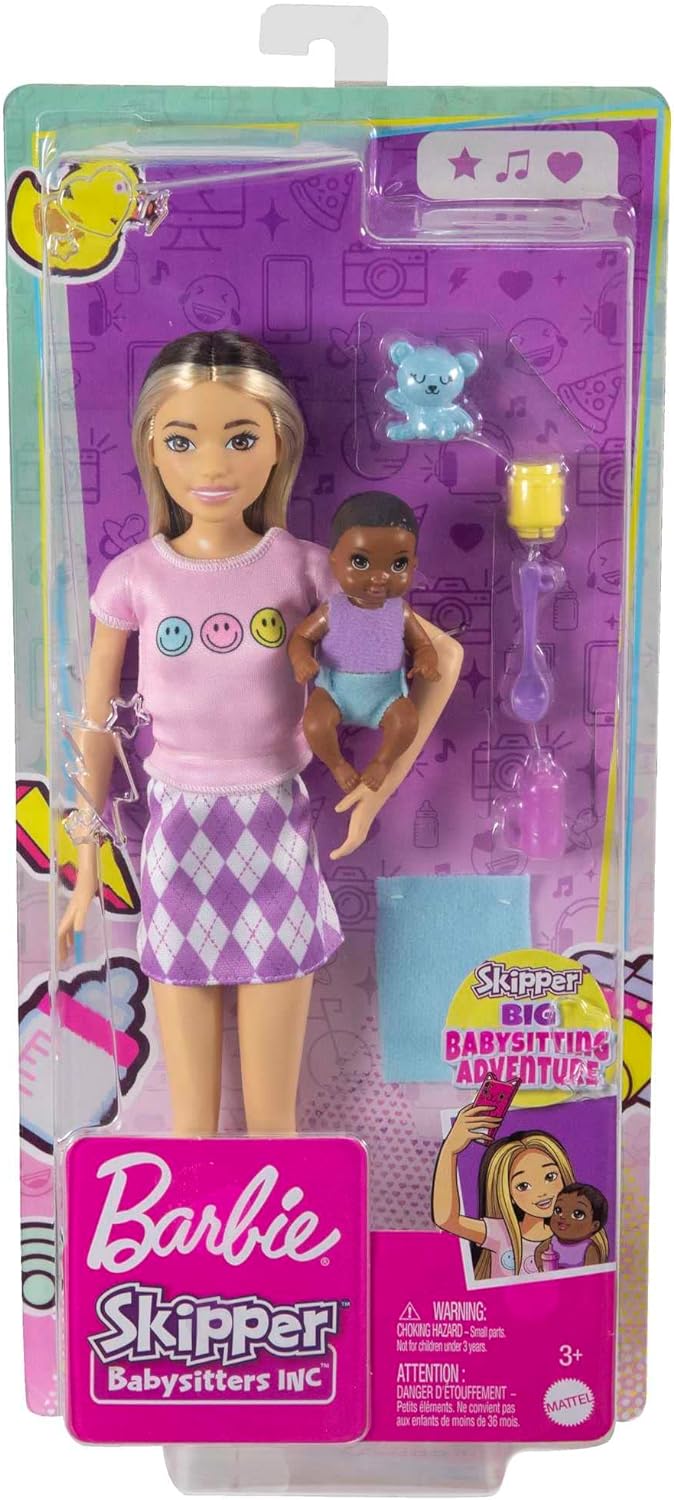Barbie Dolls and Accessories, Skipper Doll (Two-Tone Hair) with Baby Figure and 5 Accessories, Babysitters Inc. Playset, HJY32